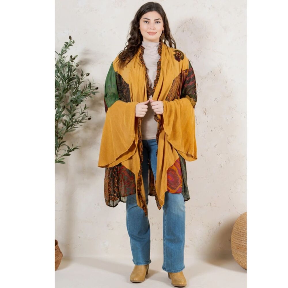 Young Threads Rustic Boho Patchwork Ruffle Open Front Kimono Size 3X - Picture 5 of 5